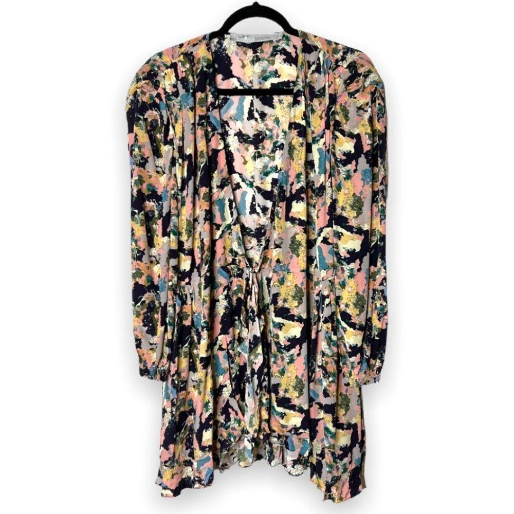 IRO Women's Bloomy Wrap Ruffle Trim Abstract Satin Mini Dress Watercolor 44 - Picture 4 of 8